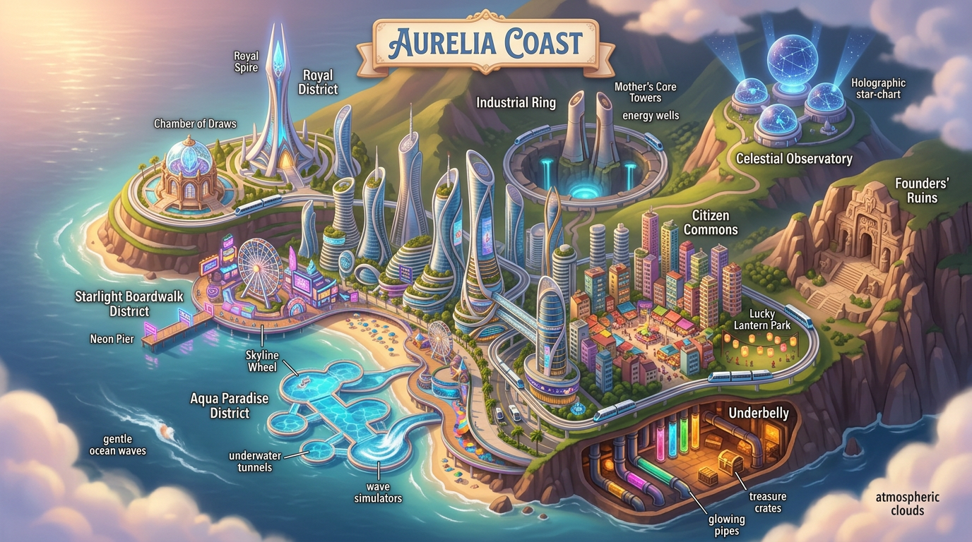 Illustrated map of Aurelia Coast: the Royal District and Chamber of Draws, the Industrial Ring and Mother's Core Towers, the Celestial Observatory, Founders' Ruins, Citizen Commons, Lucky Lantern Park, the Starlight Boardwalk District, Aqua Paradise District, and the Underbelly.